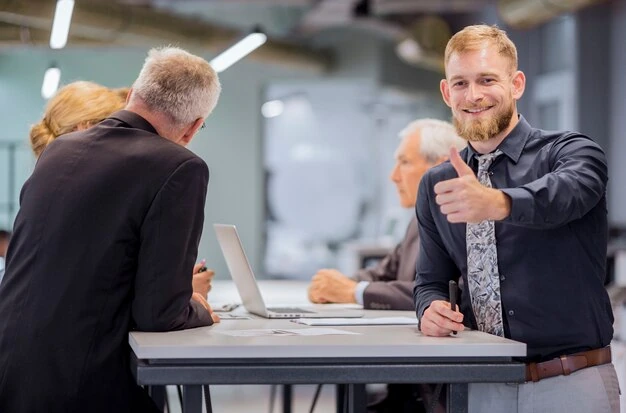 Business team discussing with a smiling businessman giving a thumbs up