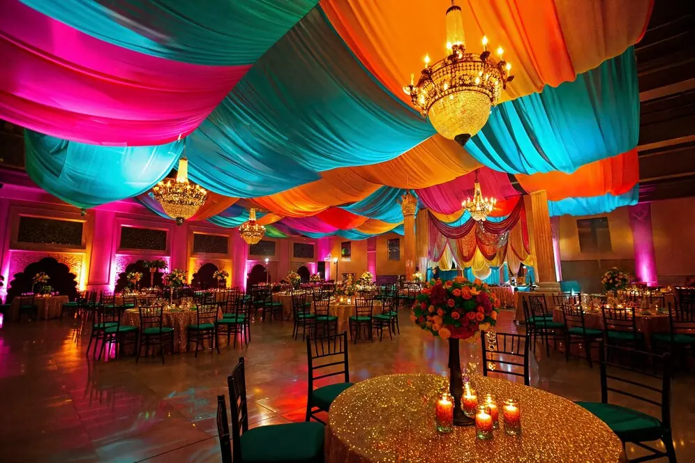Eid ul Adha venue in London decorated with festive lighting and traditional elements